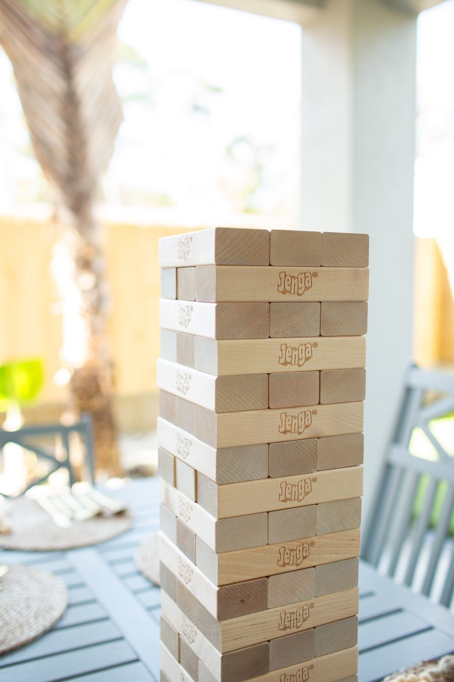 Wooden block tower game on the patio table